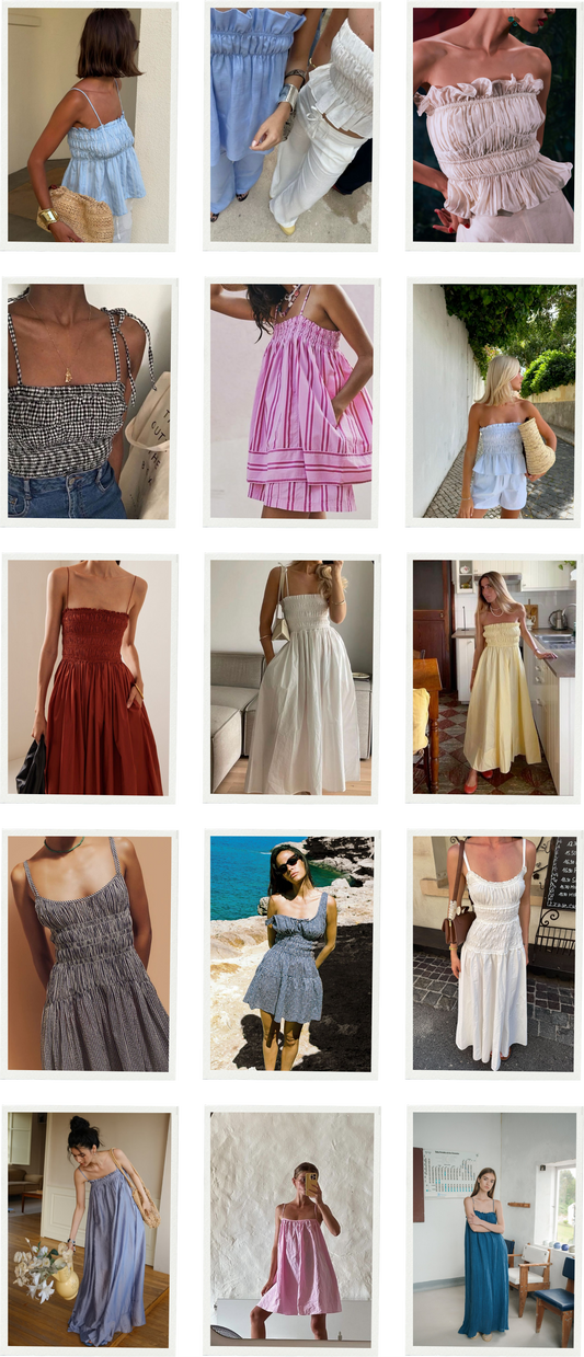 Inspirations de robes et de tops montrant différents placements de coulisses élastiquées pour personnaliser le patron de couture Chloé